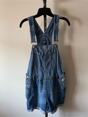 GAP Industrial Denim Jeans Shortalls Overalls Size Medium Blue Wash Cuffed
